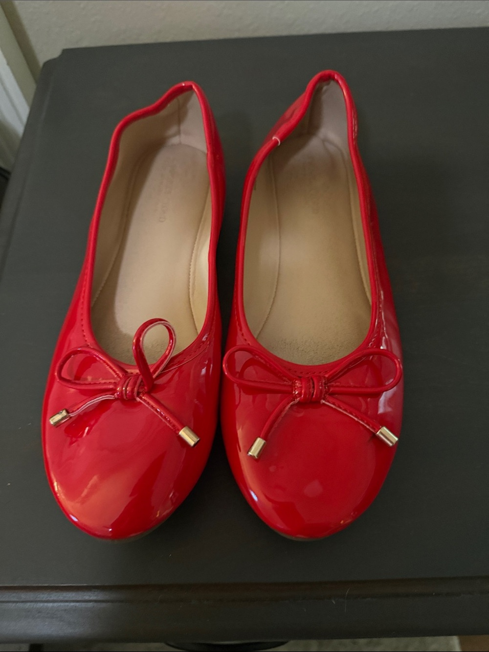 Women's Red Patent Ballet Flats with Decorative Bow